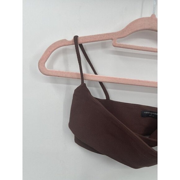 Naked Wardrobe Top Women Small Brown Ribbed Faux Bandage Wrap Cropped - Picture 5 of 7